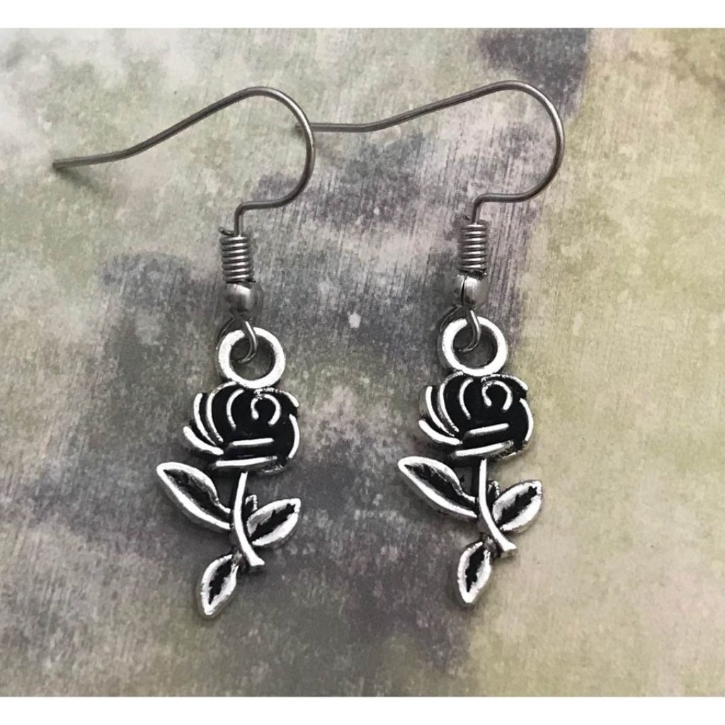 Silver Tone Rose Earrings Stainless Steel Hooks